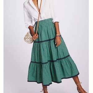 ANTHROPOLOGIE Green Gingham Tiered A-Line Skirt